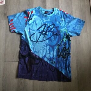 Vintage FUBU The Collection Shirt Graffiti All Over Print AOP Blue Y2K XL